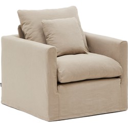 Kave Home - Fauteuil Nora met kussen met afneembare hoes van taupe linnen en katoen 92 cm