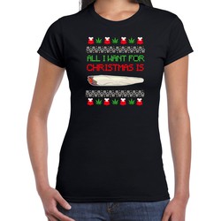 Bellatio Decorations foute Kersttrui/t-shirt dames - All i want for Christmas is wiet - zwart -joint L - kerst t-shirts