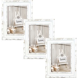 3x stuks houten fotolijst vintage wit met metalen ophangketting geschikt voor een foto van 13x18 cm - Fotolijsten