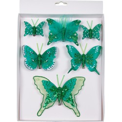 6x stuks decoratie vlinders op clip groen 5, 8 en 12 cm - Kersthangers