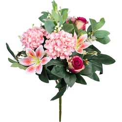 Louis Maes Kunstbloemen boeket roos/hortensia/lelie - roze/cerise - H39 cm - Bloemstuk - Bladgroen - Kunstbloemen