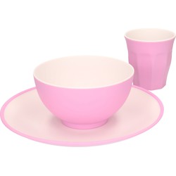 Set van 12x onbreekbare kunststof/melamine roze ontbijt bordjes/bekers en kommetjes - Campingborden