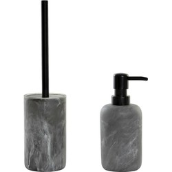 Toiletborstel met houder 38 cm en zeeppompje 300 ml polystone grijs - Badkameraccessoireset