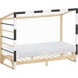 Kinderbed voetbaldoel 90x200 cm naturel grenen hout met matras H:16cm houten bed met lattenbodem klimladder & net ML-Design