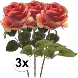 3x Kunstbloemen steelbloem roze Roos 45 cm - Kunstbloemen