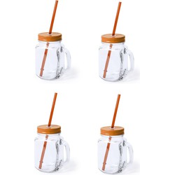 4x stuks Drink potjes van glas Mason Jar oranje deksel 500 ml - Drinkbekers