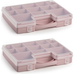 2x stuks opbergkoffertje/opbergdoos/sorteerboxen 13-vaks kunststof oud roze 27 x 20 x 3 cm - Opbergbox