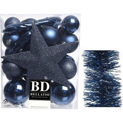 Kerstversiering kerstballen 5-6-8 cm met ster piek en folieslingers pakket donkerblauw van 35x stuks - Kerstbal