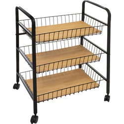 5Five Keukentrolley - zwart/bamboe 3-laags - D39 x B52 x H70 cm - hout/metaal - Opberg trolley