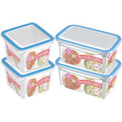 4x Voedsel plastic bewaarbakjes 2,5 en 2 liter transparant/blauw - Vershoudbakjes
