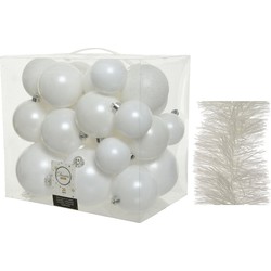 Kerstversiering kunststof kerstballen 6-8-10 cm met folieslingers pakket winter wit van 28x stuks - Kerstbal