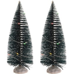 4x Mini kerstboompjes met gekleurde kerstverlichting 15 cm - Kerstdorpen