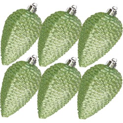 Kerstornamenten kunststof dennenappels 6x stuks groen glitter 8 cm - Kersthangers