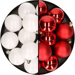 24x stuks kunststof kerstballen mix van wit en rood 6 cm - Kerstbal