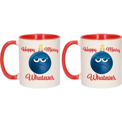 Set van 2x stuks kerstcadeau mokken / bekers Merry Happy whatever chagrijnige smiley kerstbal 300 ml - Bekers