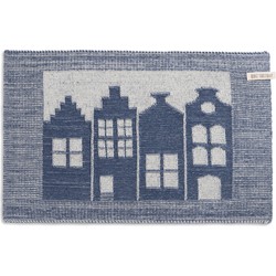 Knit Factory Gebreide Placemat - Onderlegger House - Ecru/Jeans - 50x30 cm