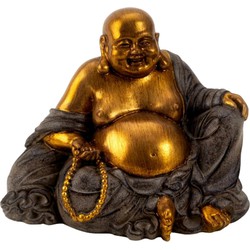 Dikke Happy Boeddha beeldje zittend - binnen/buiten - kunststeen - grijs/goud - 17 x 20 cm - Beeldjes