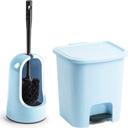 WC-/toiletborstel en houder - lichtblauw - met kleine pedaalemmer 7.5L - Badkameraccessoireset
