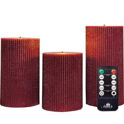 Anna Collection LED kaarsen set ribbel - 3x stuks -bordeaux rood - LED kaarsen