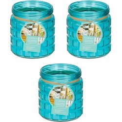 3x citronella kaarsen - glazen pot - 12 cm - blauw - geurkaarsen