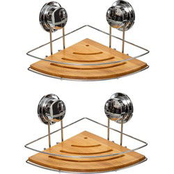 Doucherekje - 2x - hoek model - 27 x 20 x 12 cm - metaal/bamboe hout - Douche- en badrekjes