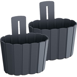 Set van 4x stuks wood-look muur plantenpot/bloempot kunststof dia 20 cm/hoogte 15 cm antraciet - Plantenpotten