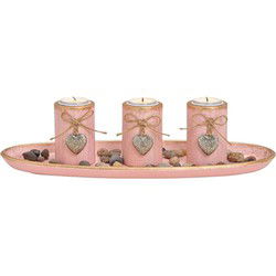Theelichthouder set - oud roze - hout/glas - 3x - 39x12x15 cm - Waxinelichtjeshouders