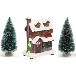 Kerstdorp verlicht kersthuisje bakkerij 12 cm inclusief 2 kerstboompjes - Kerstdorpen