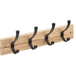 5Five Kapstok rek voor wand/muur - lichtbruin/zwart - 4x ophanghaken - MDF/metaal - 42 x 8 cm - Kapstokken