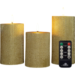 Stompkaars ribbel wax led 3d vlam op batterij met afstandbediening set van 3 d7.5h10/12.5/15 cm goud