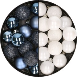 28x stuks kleine kunststof kerstballen wit en nachtblauw 3 cm - Kerstbal