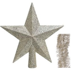 Kerstversiering kunststof glitter ster piek 19 cm en folieslingers pakket champagne van 3x stuks - kerstboompieken