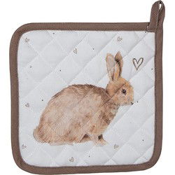 Clayre & Eef Pannenlap  20x20 cm Wit Bruin Katoen Vierkant Konijn