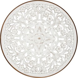 Clayre & Eef Wanddecoratie  Ø 80x3 cm Wit Bruin Hout Metaal Rond Bloemen Muurdecoratie