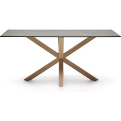 Kave Home - Argo tafel afgewerkt in porselein Iron Moss en stalen poten met houteffect 180 x 100 cm