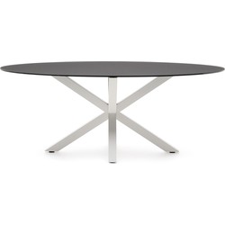 Kave Home - Argo ovale tafel in matzwart glas en stalen poten met witte afwerking Ø 200 x 100 cm