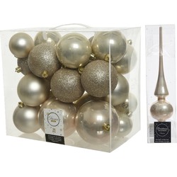 Kerstversiering kunststof kerstballen met piek parel/champagne 6-8-10 cm pakket van 27x stuks - Kerstbal