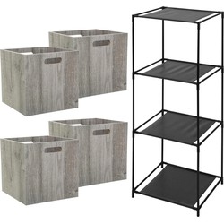 5Five Opbergrek Smartrack - met 4x mandjes stof - grijs - 34 x 98 cm - Opbergkastjes