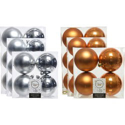 Kerstversiering kunststof kerstballen mix cognac bruin/zilver 6-8-10 cm pakket van 44x stuks - Kerstbal