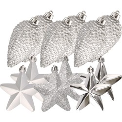 Dennenappels en sterren kerstornamenten - 12 stuks - kunststof - zilver - Kersthangers