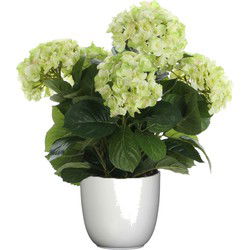 Hortensia kunstplant/kunstbloemen 45 cm - groen - in pot wit - Kunstplanten