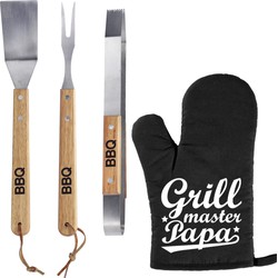 Luxe barbecue gereedschap set met houten handgrepen 3-delig RVS met BBQ handschoen Grillmaster papa - Barbecuegereedschapset