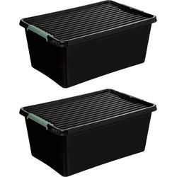Opslagbox met deksel kunststof 60 liter 58 x 39 x 35 cm zwart 2x stuks - Opbergbox