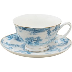 Clayre & Eef Kop en schotel  250 ml Blauw Wit Porselein Servies