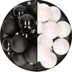 24x stuks kunststof kerstballen mix van zwart en parelmoer wit 6 cm - Kerstbal