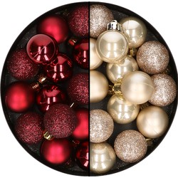 28x stuks kleine kunststof kerstballen donkerrood en champagne 3 cm - Kerstbal