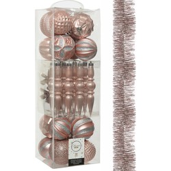 Decoris 30x stuks kunststof kerstballen en ornamenten met slinger lichtroze - Kerstbal
