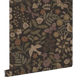 ESTAhome behang bloemen en vogels donkerbruin, olijfgroen en lila paars - 50 x 900 cm - 139872