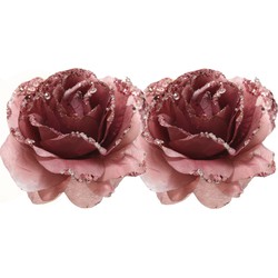 2x Kerstboomversiering/kerstornamenten oudroze rozen op clip 14 cm - Kunstbloemen