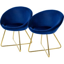 Eetkamerstoel set van 2 met ronde rugleuning blauw fluweel met goudkleurige metalen poten ML design